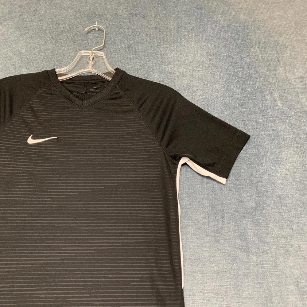 Nike Dri Fit T-Shirt Mens Large Black Striped Raglan Sleeve V Neck Swoosh Logo